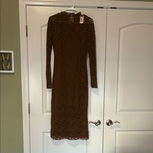Vestique Brown Long Sleeve Lace Dress